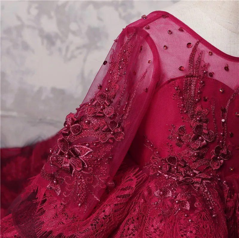 Amazing Multi-Layer Girls Pageant Gowns Dark Red Lace Long Sleeves Appliques Beads Flower Girl Dresses For Wedding Long Train Party Dress