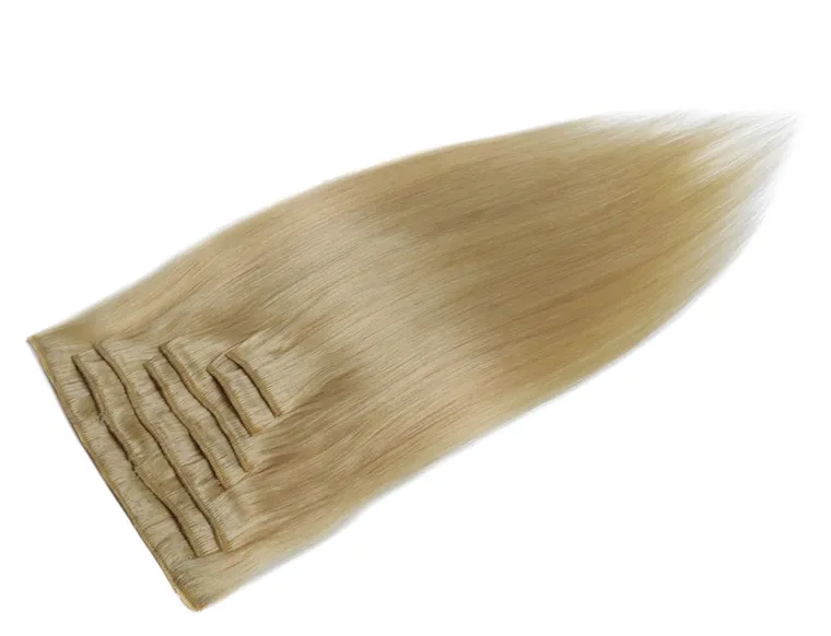 Prosty ludzki klip do włosów w blond przedłużanie kolor 613 7 szt. 100 g prawdziwy klip do włosów w przedłużeniach blond klips w Extension Hair9523734