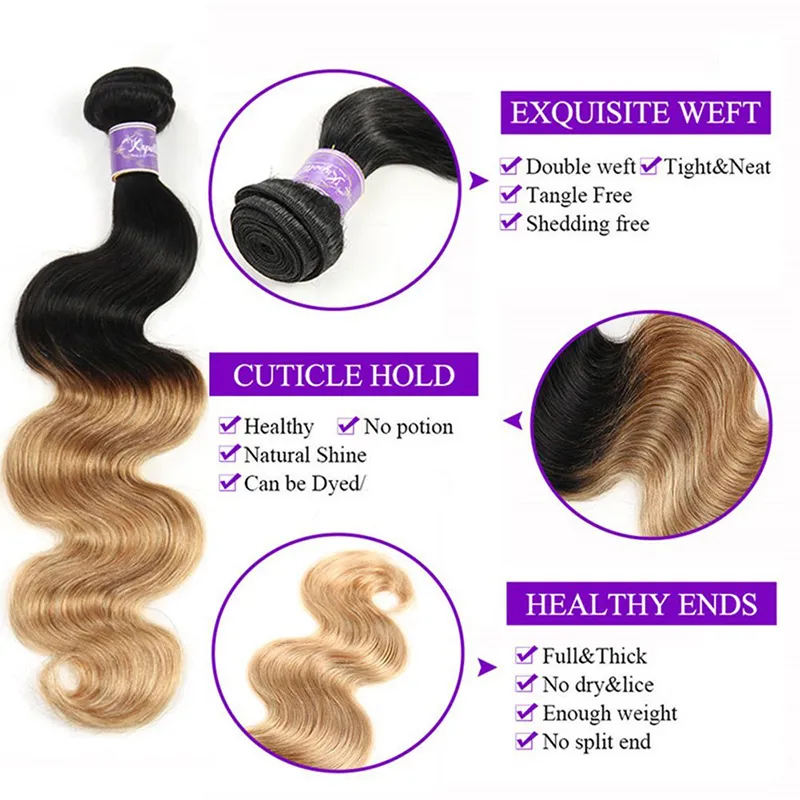 Ombre Body Wave T1B / 27 # Ciemny Korzeń Miód Blond Blondynki Human Włosów z koronki Zamknięcie Kolorowe Brazylijskie Włosy Splot Z Zamknięciem