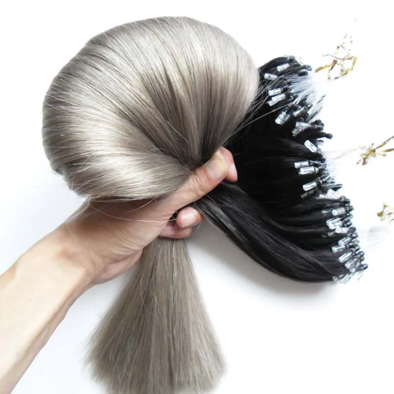 Silver Ombre micro loop ring hair extensions 300g 1g/s 300s grey Remy Micro Bead Hair Extensions T1b/Grey Micro Link Human Hair Extensions