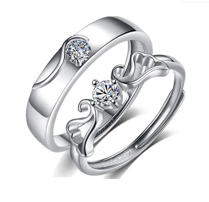 Amoureux Paire Anneaux pour Couples Solide 925 Sterling Silver Zircon Angle Réglable Ailes De Mariage Bague De Fiançailles Saint Valentin Cadeau