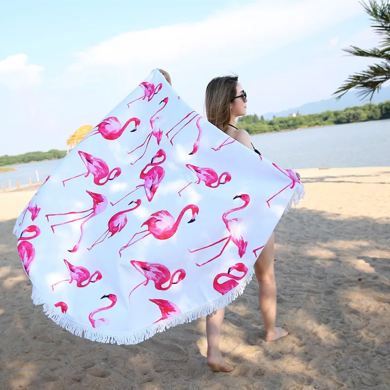 2018 Newest Style Fashion Flamingo Round Beach Towel With Tassels Microfiber 150cm Picnic Blanket Beach Cover Up