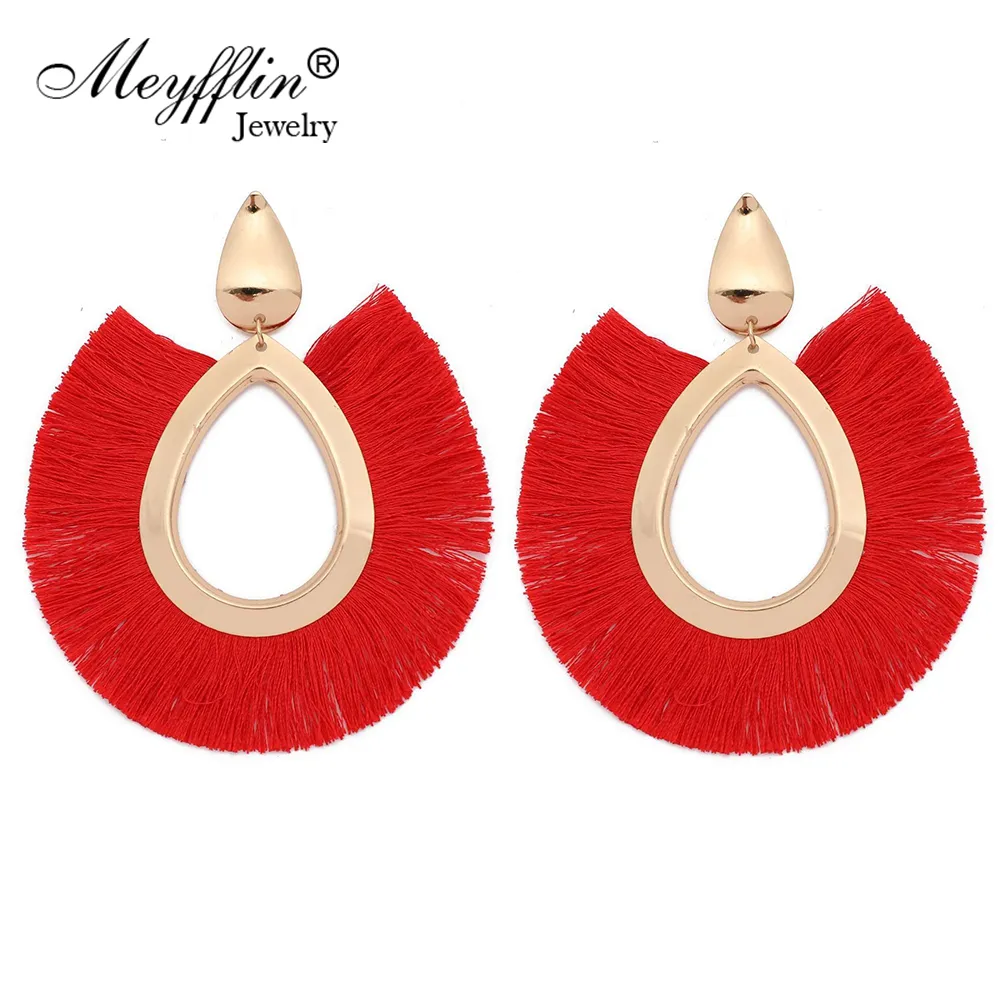 Meyfflin Silk Tassel Drop Earrings for Women Bohemian Geometric Oval Fringed Statement Earring Jewelry Gold Color Dangle Brincos