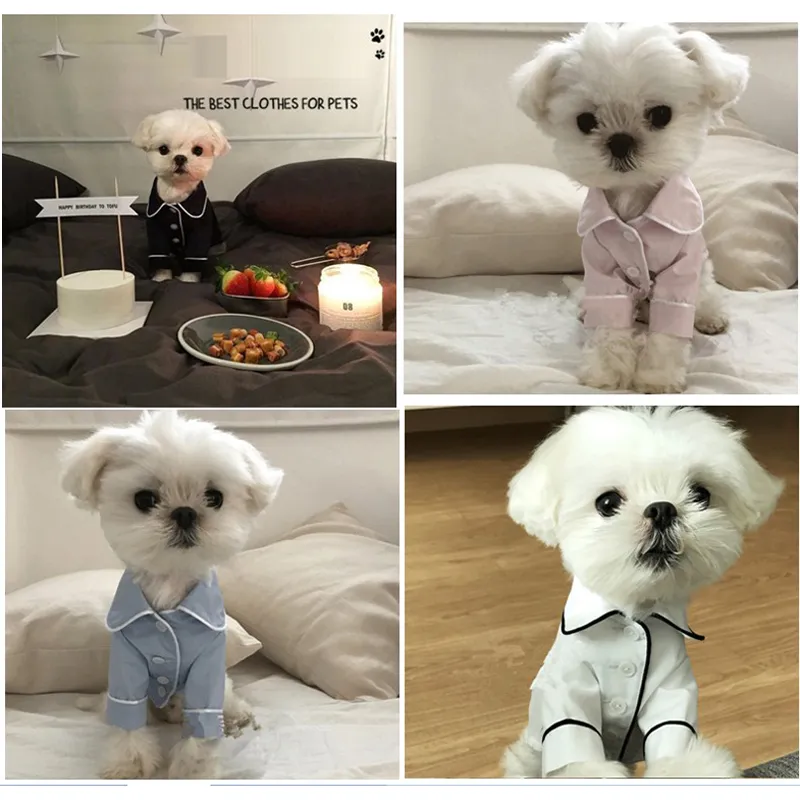 Kleine hond levert kleding huisdier puppy pyjama's knop zwart wit blauw roze kleding poedel bichon frise bulldog softfeeling shirts