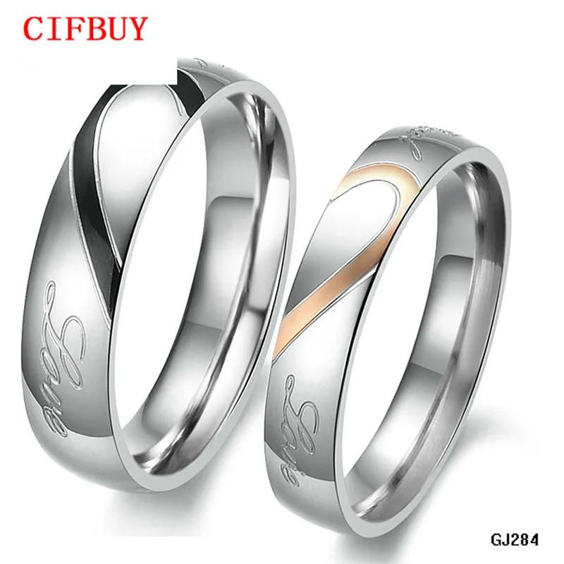 CIFBUYジュエリー316Lステンレススチールシルバーハーフハートシンプルサークルリアルラブカップルリングの結婚式のリングの婚約指輪