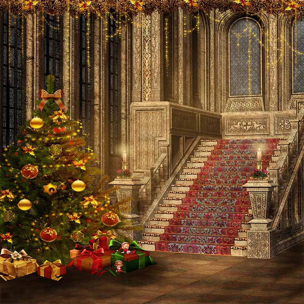 Intérieur Château Fête De Noël Photo Fond Imprimé Escaliers Paillettes Bougies Présente Des Boules Arbre De Noël Photographie Décors