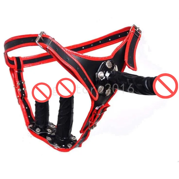 Dispositivos de castidade Strap fêmea na pulseira Ultra-Harness Pu-Leather com 3 calcinha removível #R78