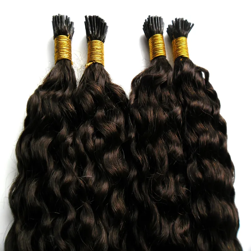Cheveux bouclés crépus mongols I Tip Extension de cheveux 200gstrands afro crépus bouclés Extensions de cheveux humains pré-collés 2 brun le plus foncé6865172