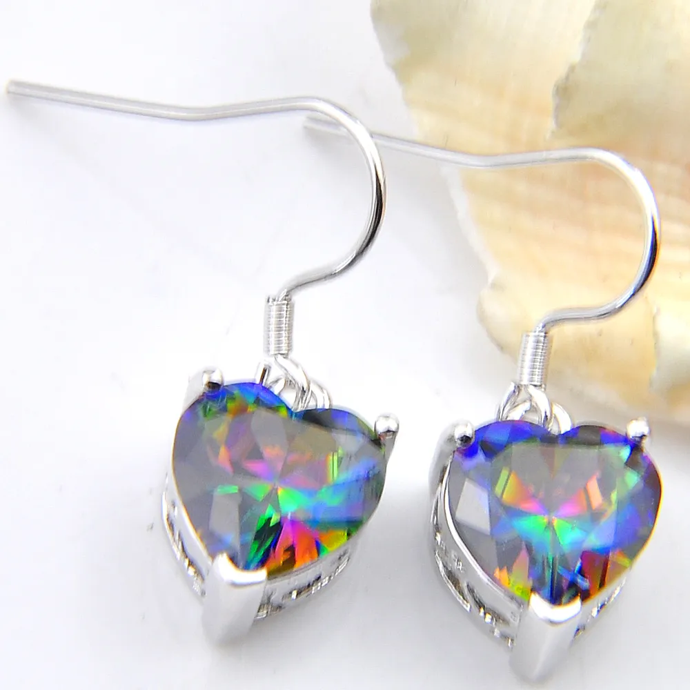 LuckyShine 5 Par Holiday Present 925 Silverörhänge Rainbow Mystic Topaz Heart Earrings American Australia Zircon Wedding Earring FR318N