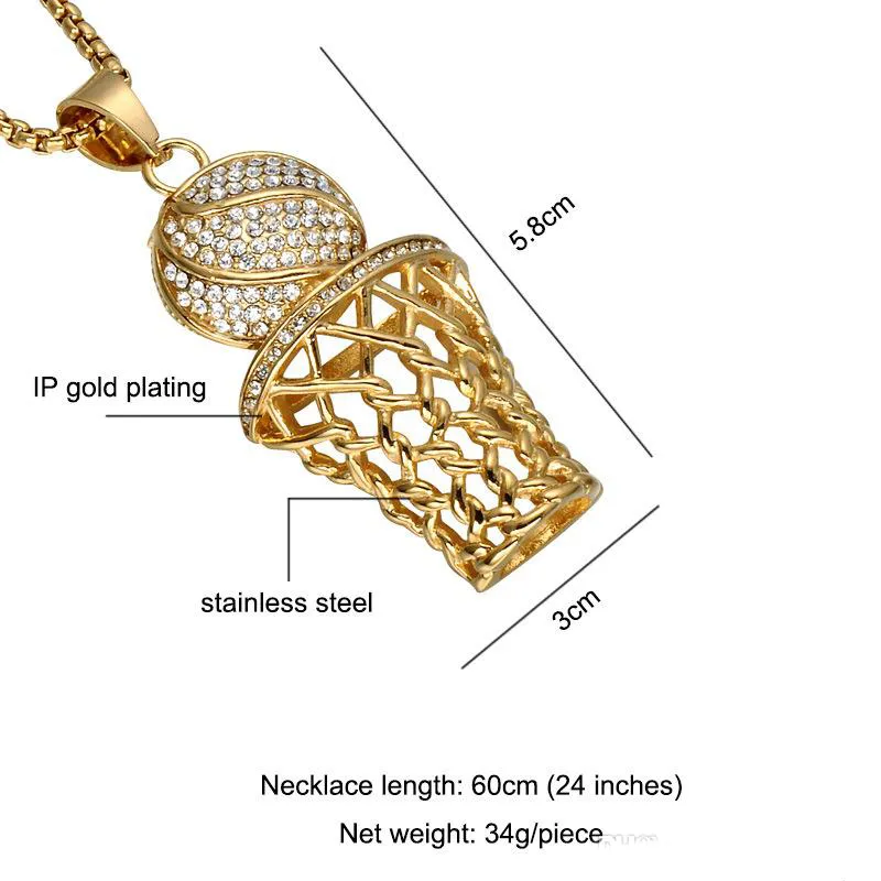 Hip Hop Iced Out Bling Full Full Ringestone Basketball Pendant Colliers Goldsilver en acier inoxydable