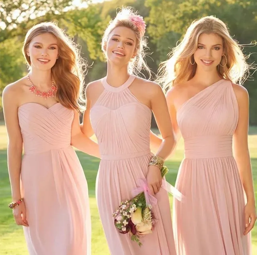 Blush Pink Long Country Style Brudtärklänningar Ruched One Shoulder Sweetheart Backless Maid of the Honor Dresses HY248