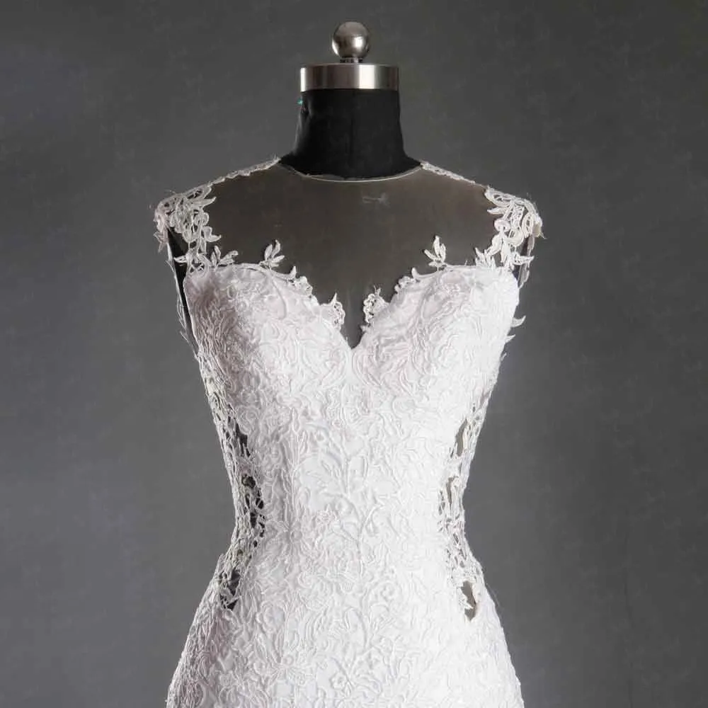 Robe de mariée sirène de luxe à longue traîne, bon marché, photo réelle, grande taille, col transparent, dos creux avec dentelle appliquée en tulle, 2021