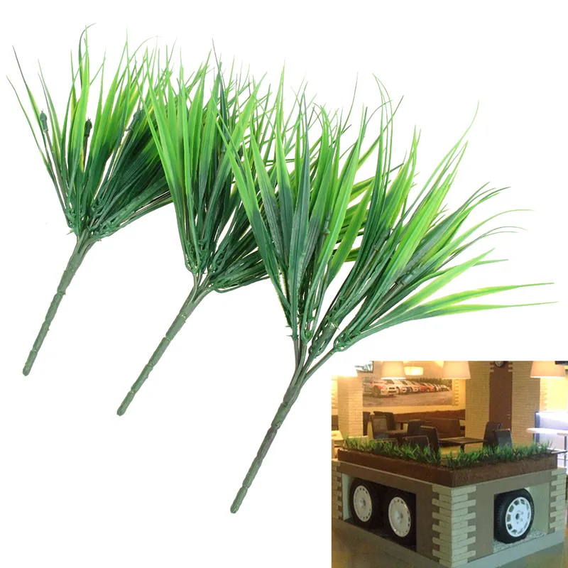10Pcs/lot Brick Artificial Plants Green Grass Plastic Simulation Plants for Home Decoration Flower 7 Fork Spring Fake Grass Leaves