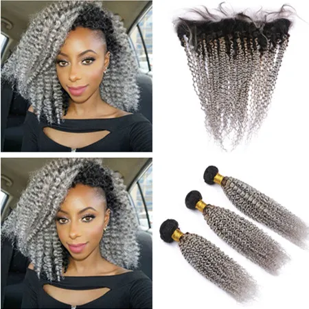 Ombre Silver Grey Indian Kinky Curly Human Hair Bundles 3st med Full Lace Frontal Closure # 1b / Grå Ombre Virgin Haft Weft Extensions