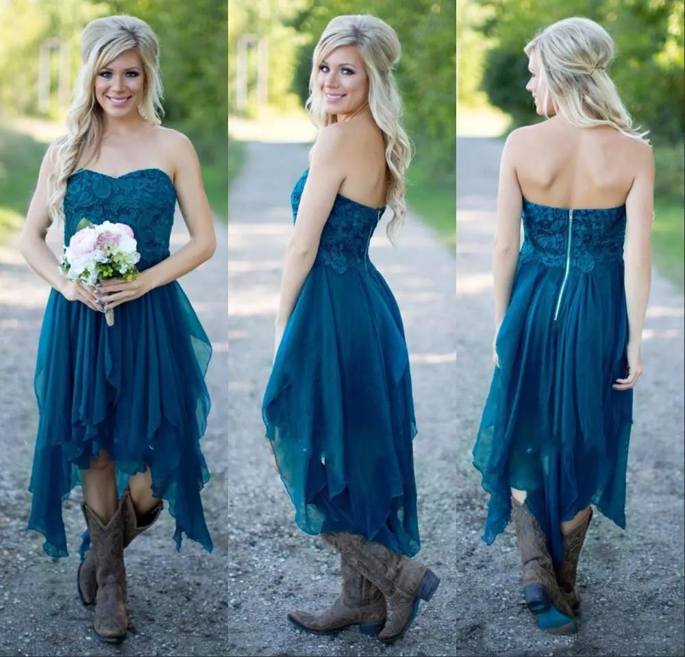 Country Bridesmaid Dresses Short For Wedding Teal Chiffon Beach Lace High Low Ruffles Party Maid Honor Gowns Under 100