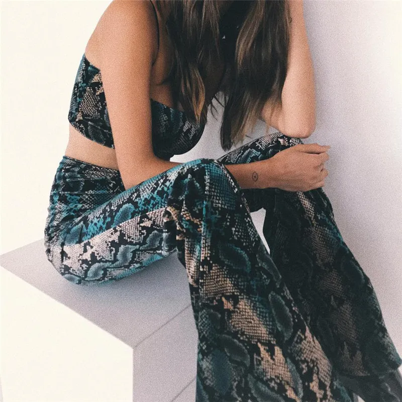 New european fashion women's sexy snake print spaghetti strap crop top vest and flare long pants twinset SML
