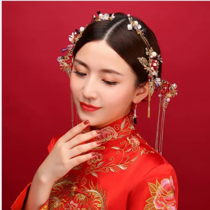 Novo estilo chinês headwear nupcial, franjas, balanço, acessórios de cabelo, Xiu, dragão, Phoenix, vestido, acessórios, traje antigo, casamento acces