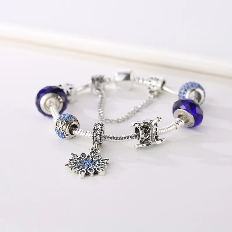 Wholesale Bracelet 925 Silver Pandora Bracelets For Women Royal Crown Bracelet Blue Crystal Beads Diy Snowflake Jewelry with Crown