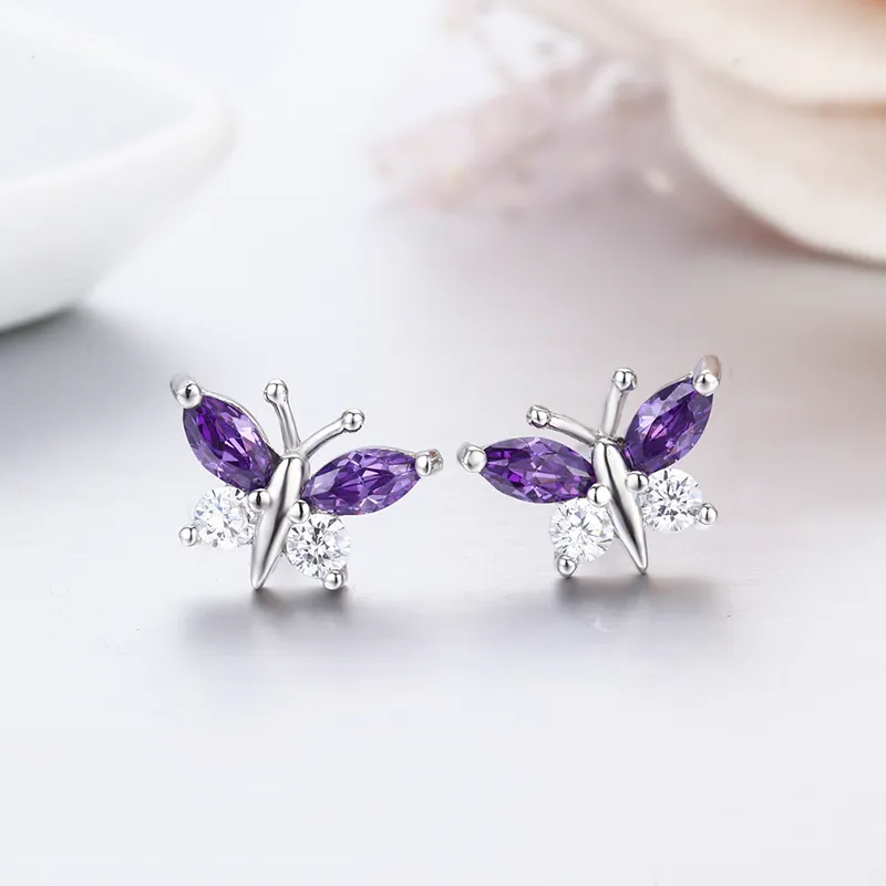 Cute 925 Sterling Silver Butterfly Purple 7 White CZ Stud Earrings For Women Children Girls Kids Jewellery Orecchini Aros Aretes