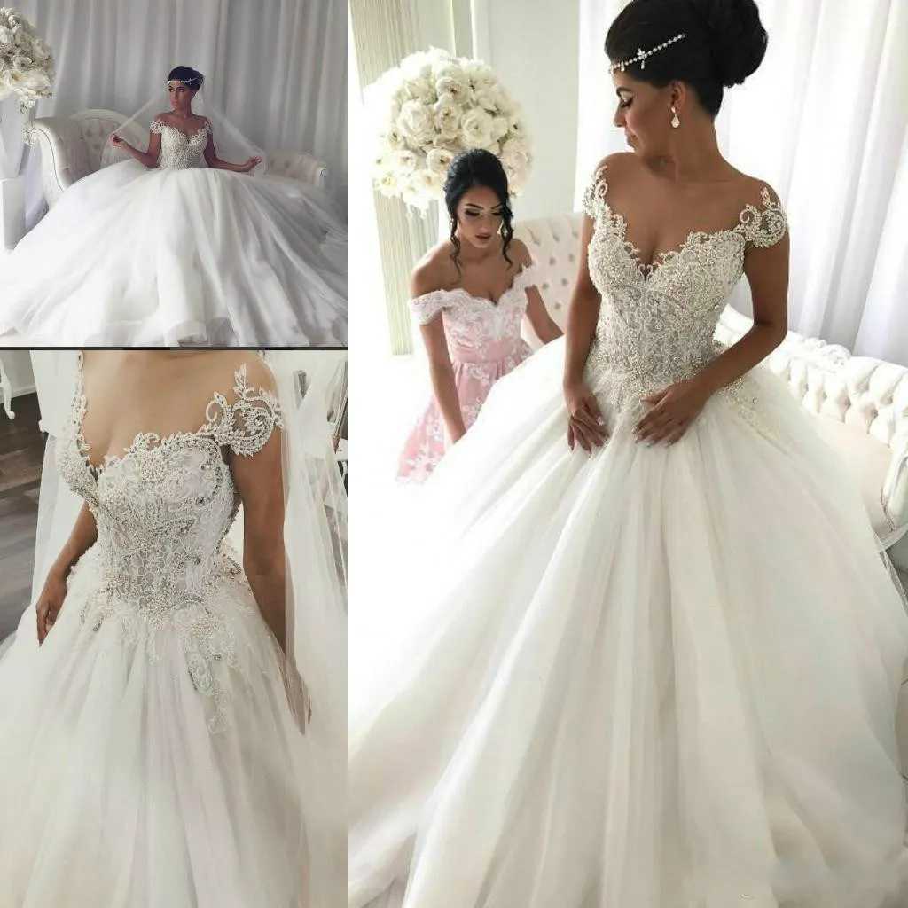 Elegant Pearls Beads Wedding Dresses Lace V-Neck Saudi Arabia Appliques Plus Size Ball Tulle Custom Vestido de novia Bridal Gown Arabic