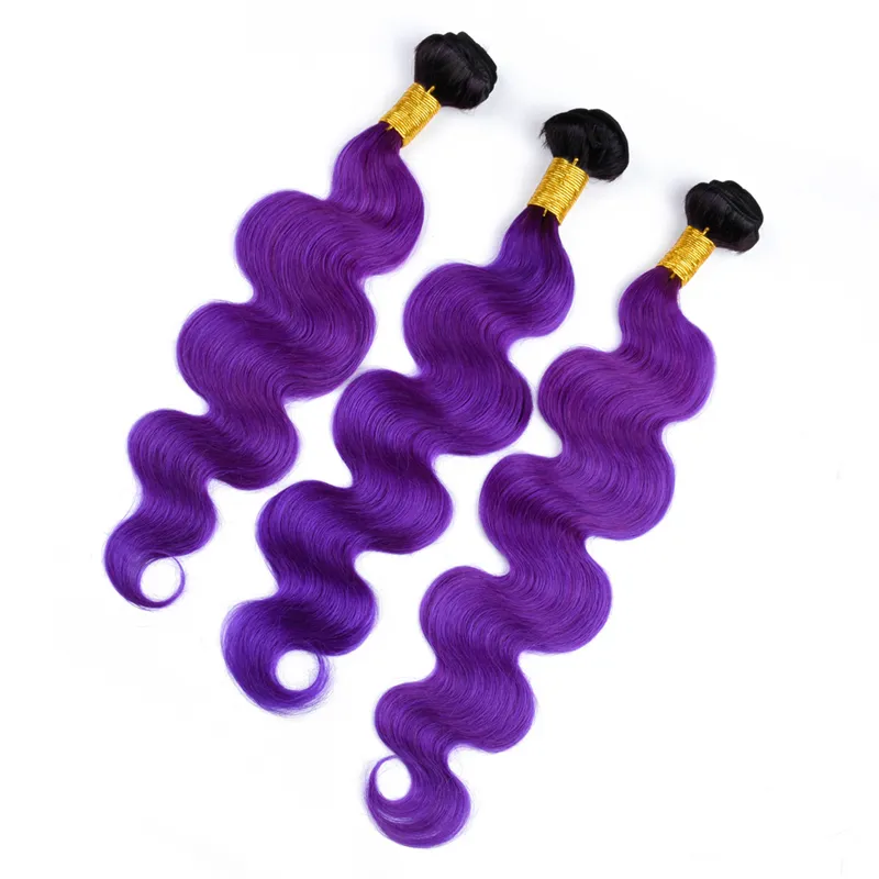 Ombre Purple Human Hair Extensions Dwa Tone 1B Fioletowe Dark Korzenie 3 Wiązki Peruwiański Ciało Wave Włosy Splot Wątek