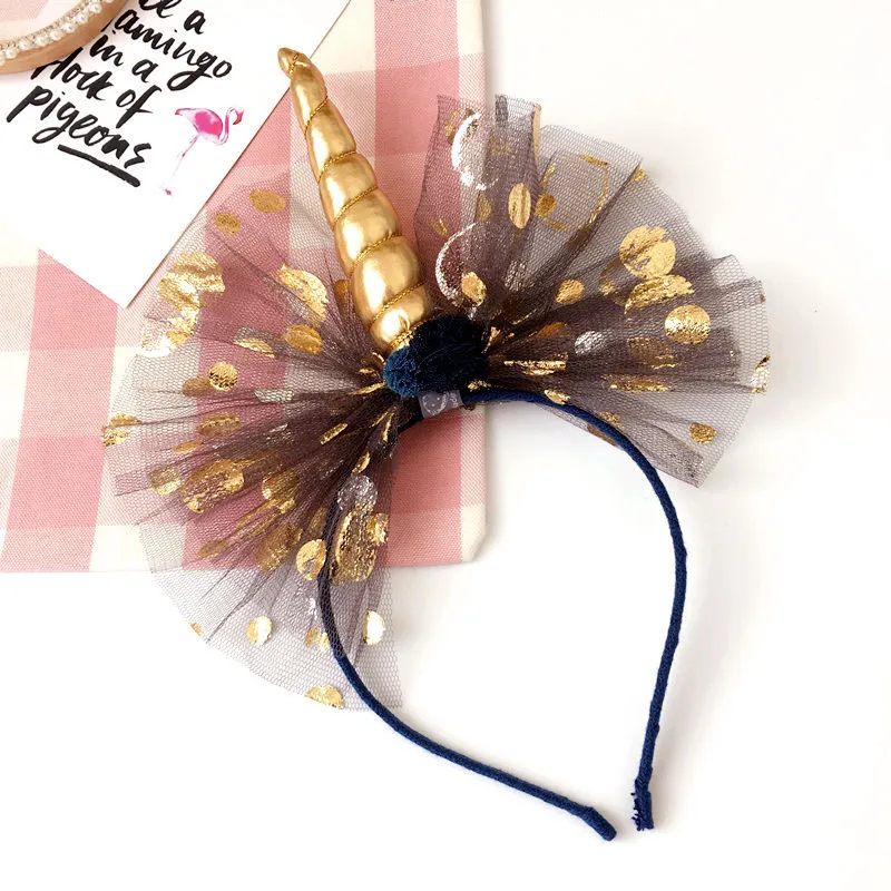 PU Leather Gold Unicorn Horn Design Baby Haie Sticks Girls Big Size Bows Hair Bands Cute Kids Hairpins