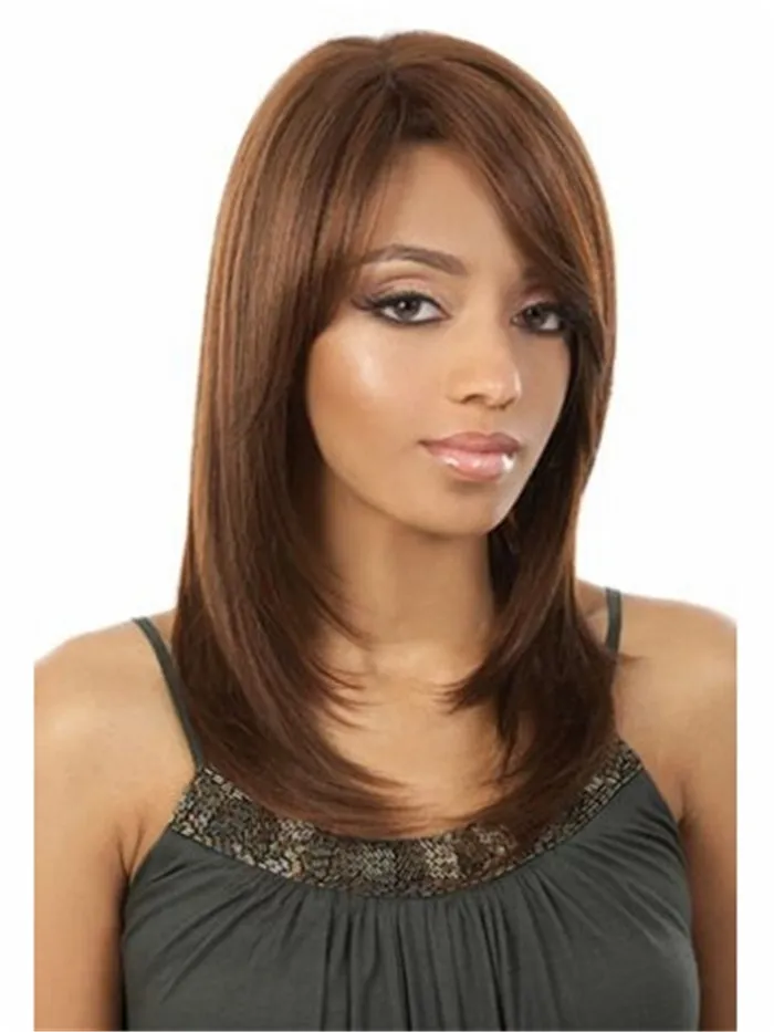 Perruque de cheveux longs raides marron clair avec bang latéral Fibre synthétique résistant à la chaleur perruque synthétique mode capless perruques de dentelle livraison gratuite