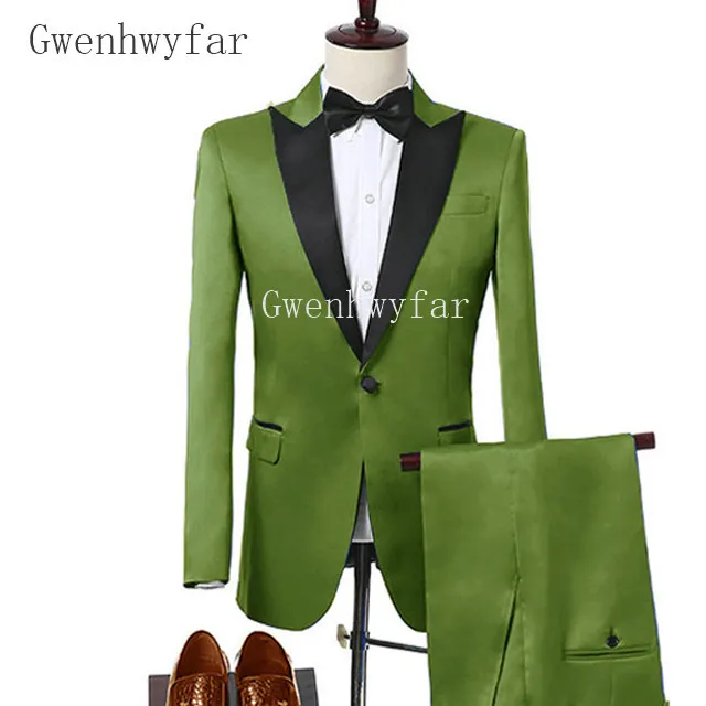 2018 Новое прибытие зеленый Атлас мужчины костюм набор на заказ большой размер и цвет смокинги выпускного вечера мужские костюмы жених свадебные костюмы куртка + брюки 2 шт.