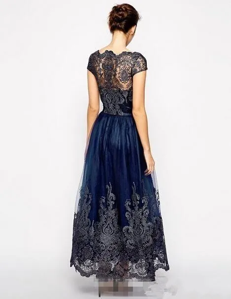 2023 Vintage Mother Off Bride Dresses Plus Size Tulle Navy Blue Lace Appliques Long Zipper Back Ankle Längd Kvinnor Formella mödrar klänningar