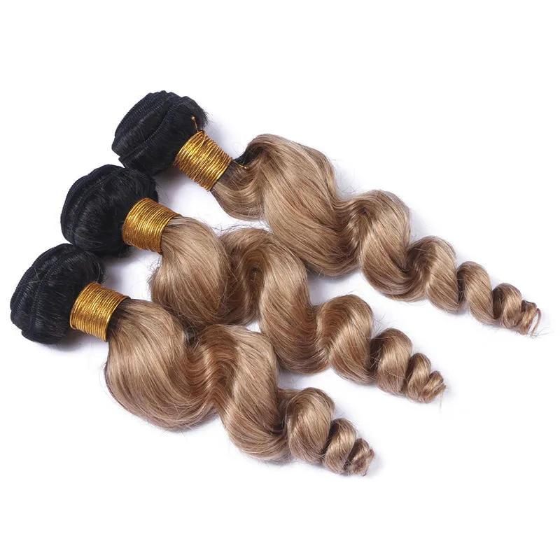 Virgin Malaio Ombre Mel Cabelo Humano Loira Tece Tramas Duplas Onda Solta Ondulado # 1B / 27 Raiz Escura Castanho Claro Feixes de Cabelo Humano Ofertas