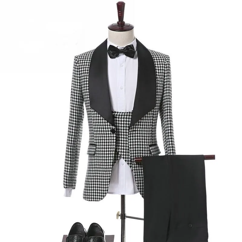 Houndstooth 3 Peça Terno Noivo Smoking Xaile Lapela Ventilação Lateral Noivo Casamento Terno Homens Casamento Prom Blazer (Jaqueta + calça + Gravata + Colete) 35