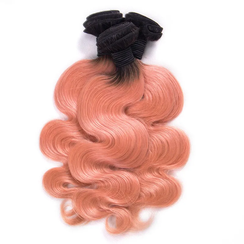 Ombre Rose Brésilien Vierge Bundles de Cheveux Humains Offres avec Fermeture Foncé Racine 1B / Or Rose Ombre 2Tone 4x4 Fermeture en Dentelle avec Weave Bundles