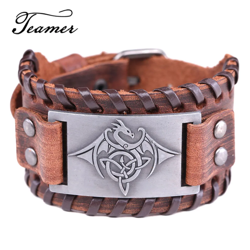 Teamer Vintage Wicca Symbol Triqueta Dragon Charm Armband för män Svart Brun Braid Läder Armband Cool Justerbara Smycken