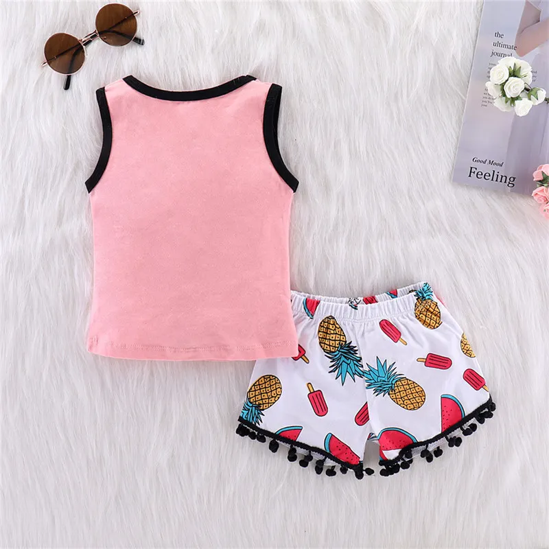 Abbigliamento bambini 2018 Vestiti estivi bambina Set T-shirt senza maniche stampata con anguria Canotte + Pantaloncini con nappa 2 pezzi Completi bambina