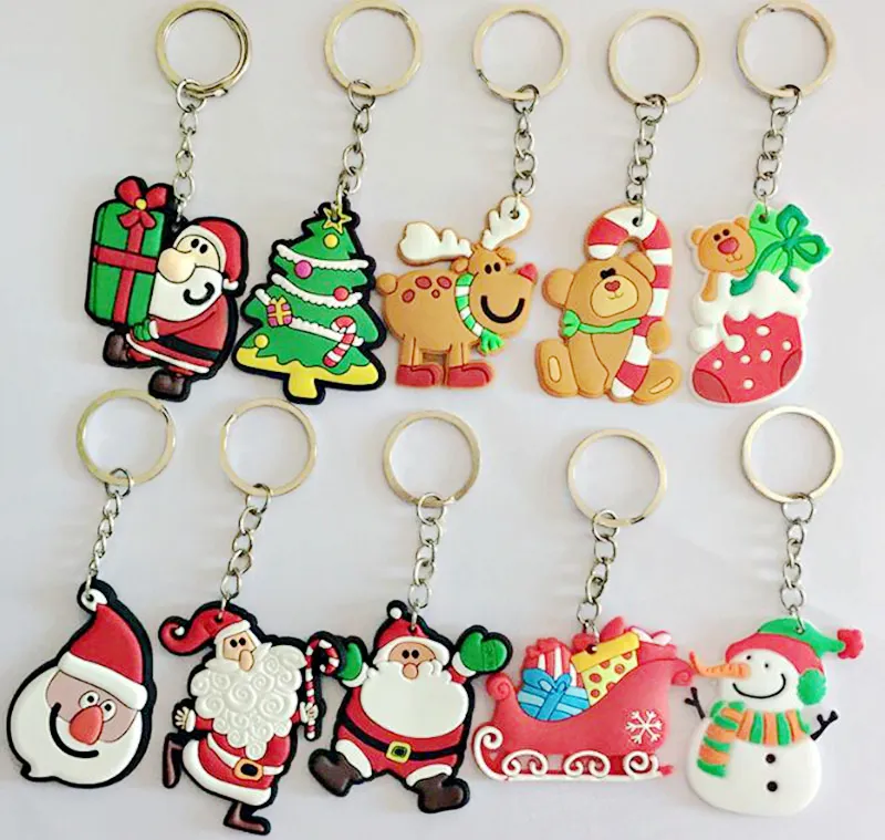 50PCS Mixed 10 Designs 5cm Santa Claus Nyckelringar Julklapp Mjuk PVC Keychain Kids Leksaker Julgran Ornament