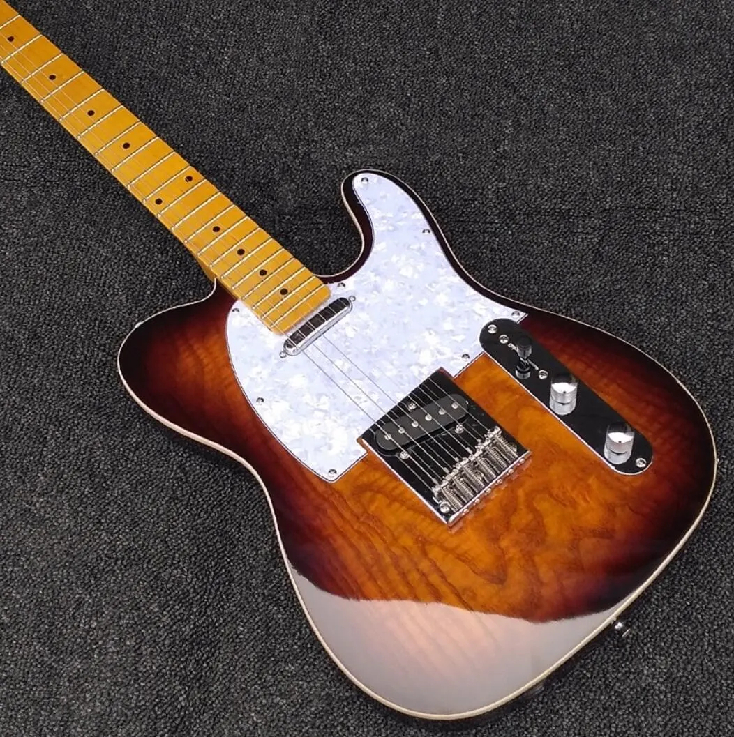 In Stock Amber Sunburst Ash Top Electric Guitar, Maple Neck & Fingerboard,White Pearl Pickguard, Dot Inlay, String Thru Body Bridge