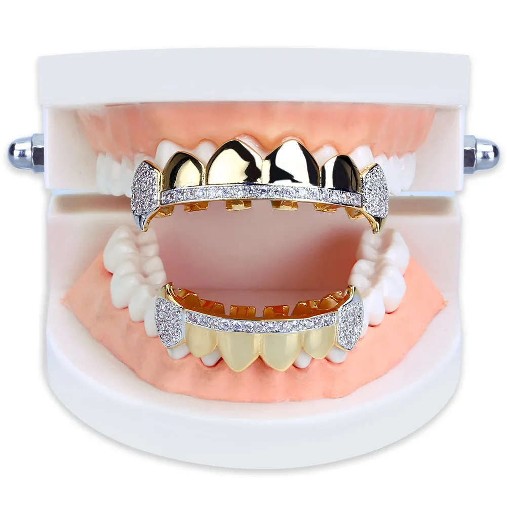 18K Real Gold Dentes Grillz Caps Iced Out Top Bottom Vampire Fangs Dental Grill Set Whole6121303