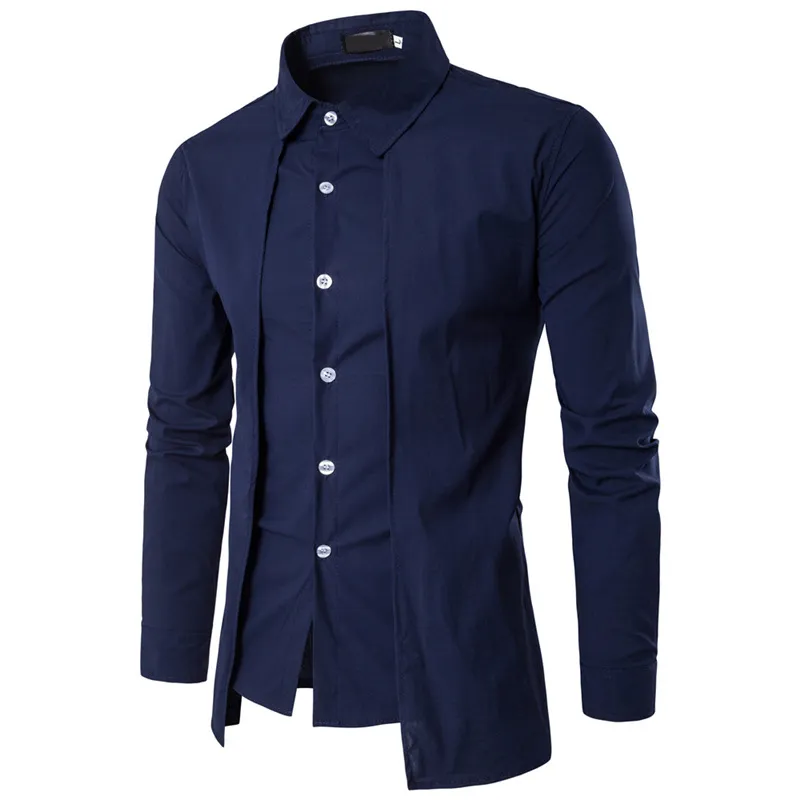 New 2018 Fashion Casual Wholesale Men off two Fake piece Two door collar garment leisure dress shirt long sleeve shirts men
