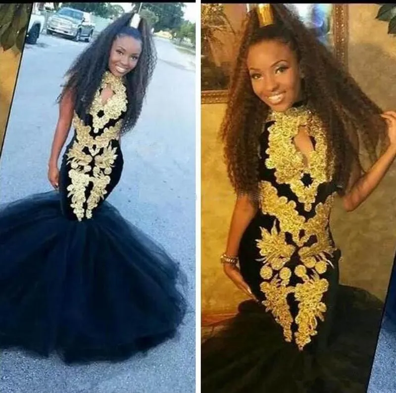 金のアップリケのアフリカの人魚のウエディングのドレス黒人の女の子のイブニング着用チュールフロアの長さの女の子のPageantのガウン迷彩