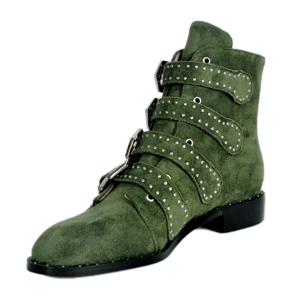 Kolnoo Nieuwe producten Handgemaakte Dames Dames Low-Hak enkellaarzen Klinknagels Spikes met vier gespen Deco Casual Mode Booties Simple Shoes A045