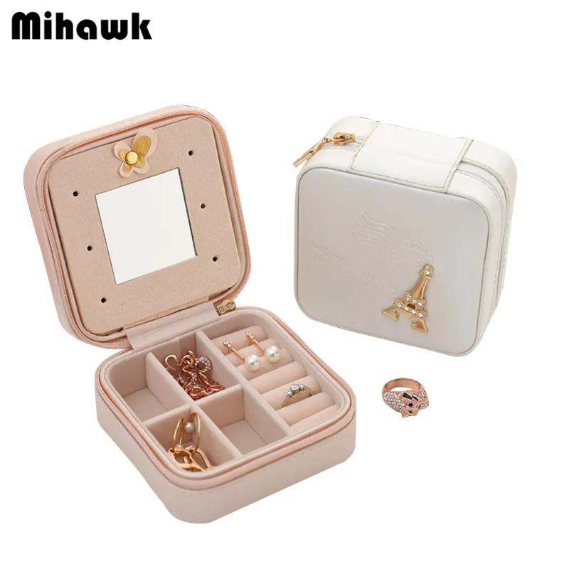 Mihawk Women's Earring Smycken Väska med Makeup Mirror Lady Necklace Ring Organizer Box för Kvinnor Travel Kosmetiska Väska Tillbehör Tillbehör