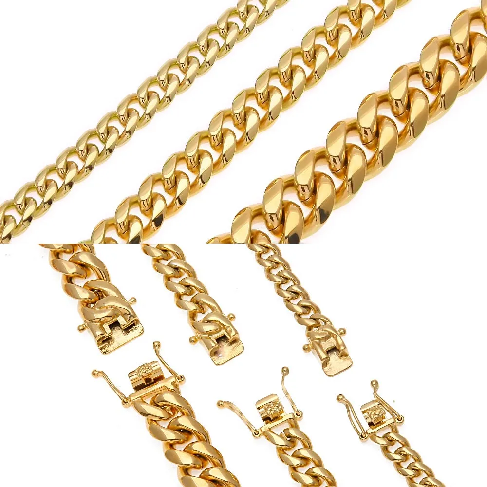 Ensembles de bijoux en acier au titane plaqué or 24 carats plaqué haut poli lien cubain collier bracelets pour hommes chaîne gourmette hip hop 8mm / 10mm / 14mm