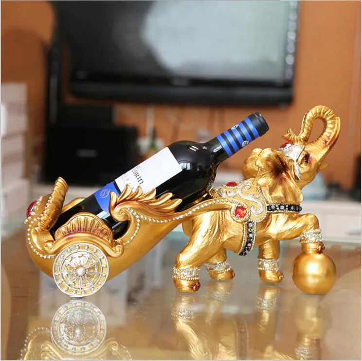 Artesanía, soportes de vino de oro y plata de lujo hechos a mano, estatua de caballo, figuritas de elefante, estantes de mesa para decoración del hogar