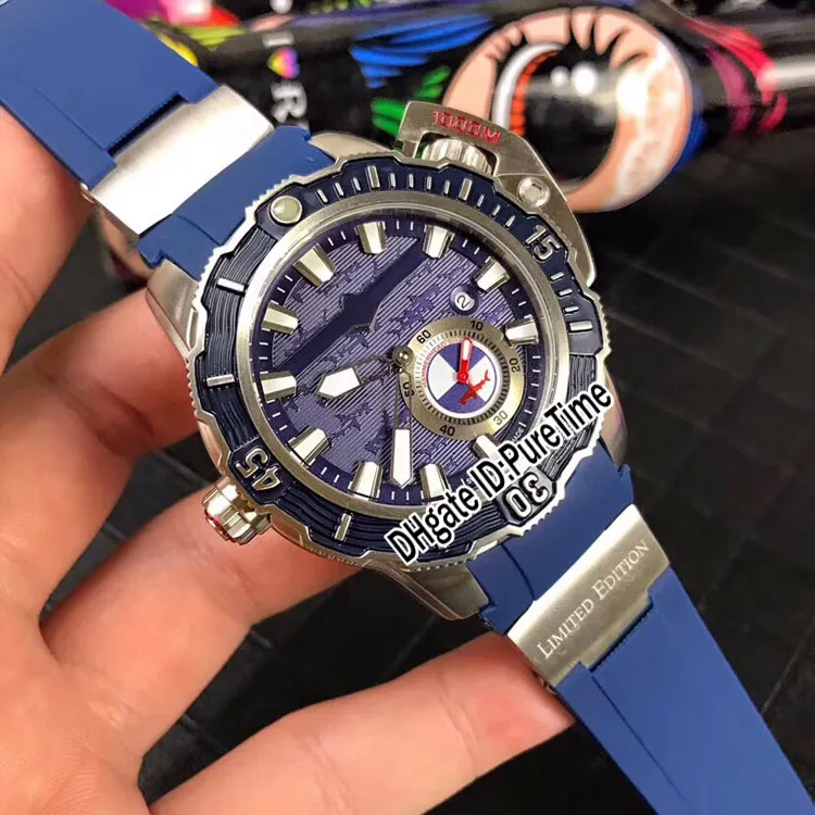 2018 New Style Diver 3203-500LE-3 93-HAMMER Cassa in acciaio quadrante blu Orologio automatico da uomo Corona grande Orologi sportivi Gomma blu Puretim302q