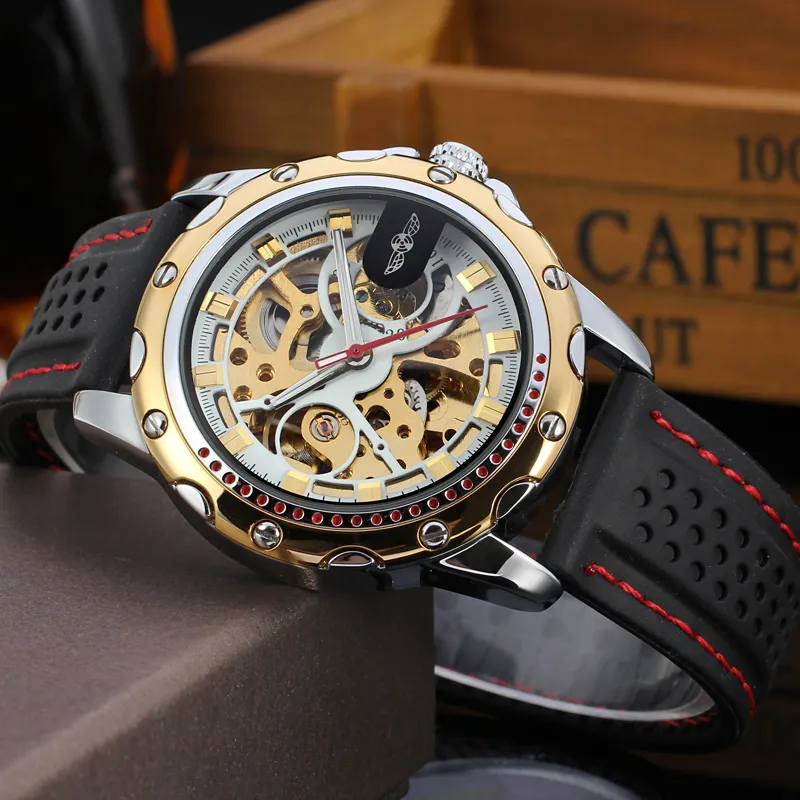 NEW WINNER Fashion Men's Silicone sports Watch Skeleton Hand-Winding Mechanical Wristwatch military clock Erkek Kol Saati327s