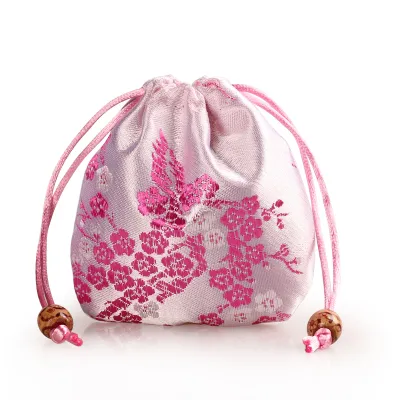 Mini kinesiska silke smycken påse satin blommig dragsko presentväska runt bottenförpackning väskor påsar 3pcs / parti