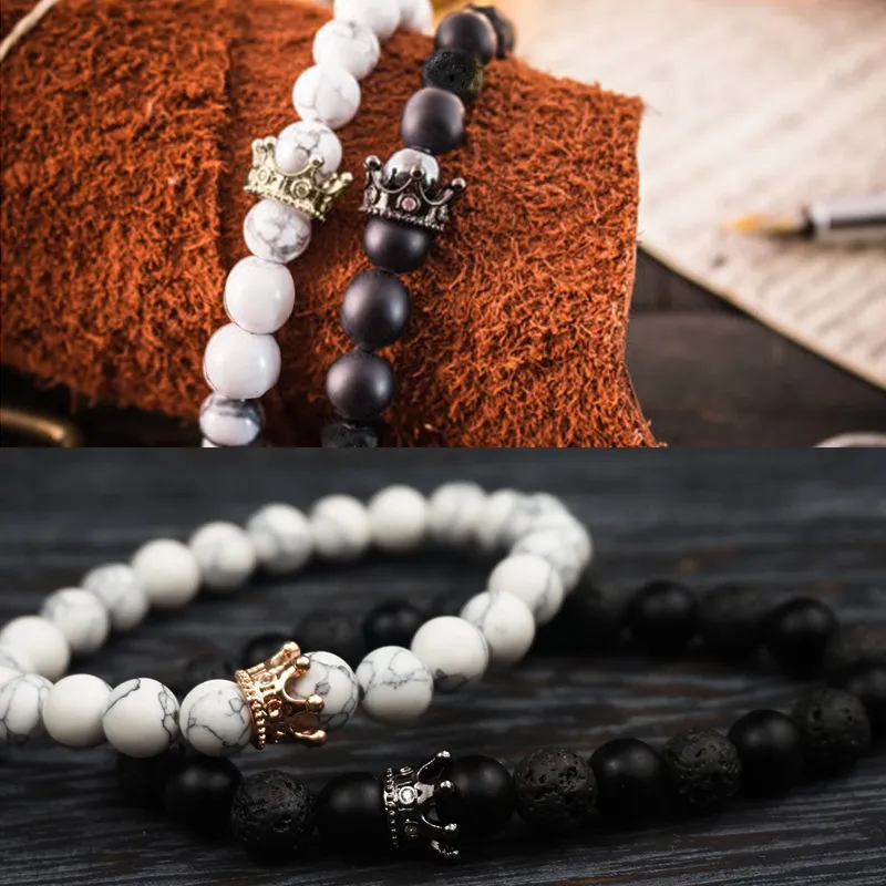 Beaded Strand Crown Queen pulseras de relación de larga distancia Pulsera  para parejas Black Matte Agate Lava Stone White Howlite Stone