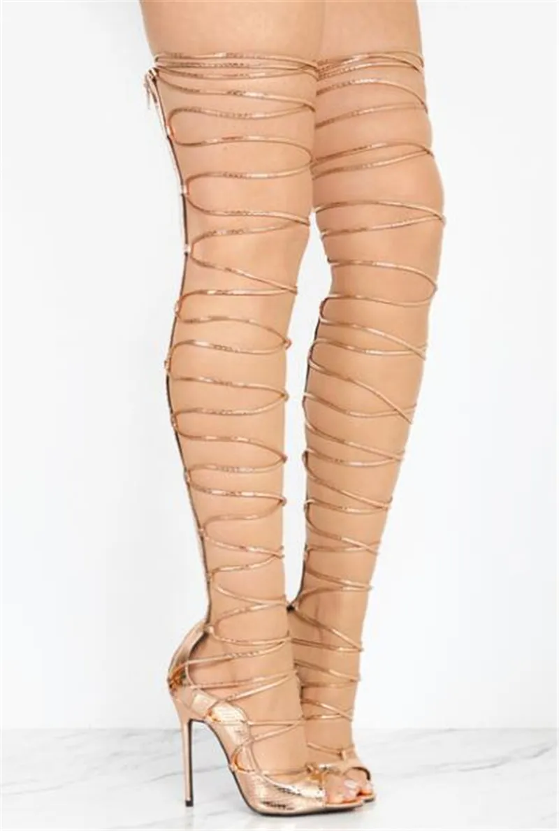 Yaz Yeni Tasarım Kadınlar Peep Toe Altın Deri Kayışı Çapraz Diz Üzerinde Gladyatör Sandalet Cut-out Uzun Yüksek Topuk Sandal Boots Elbise Ayakkabı