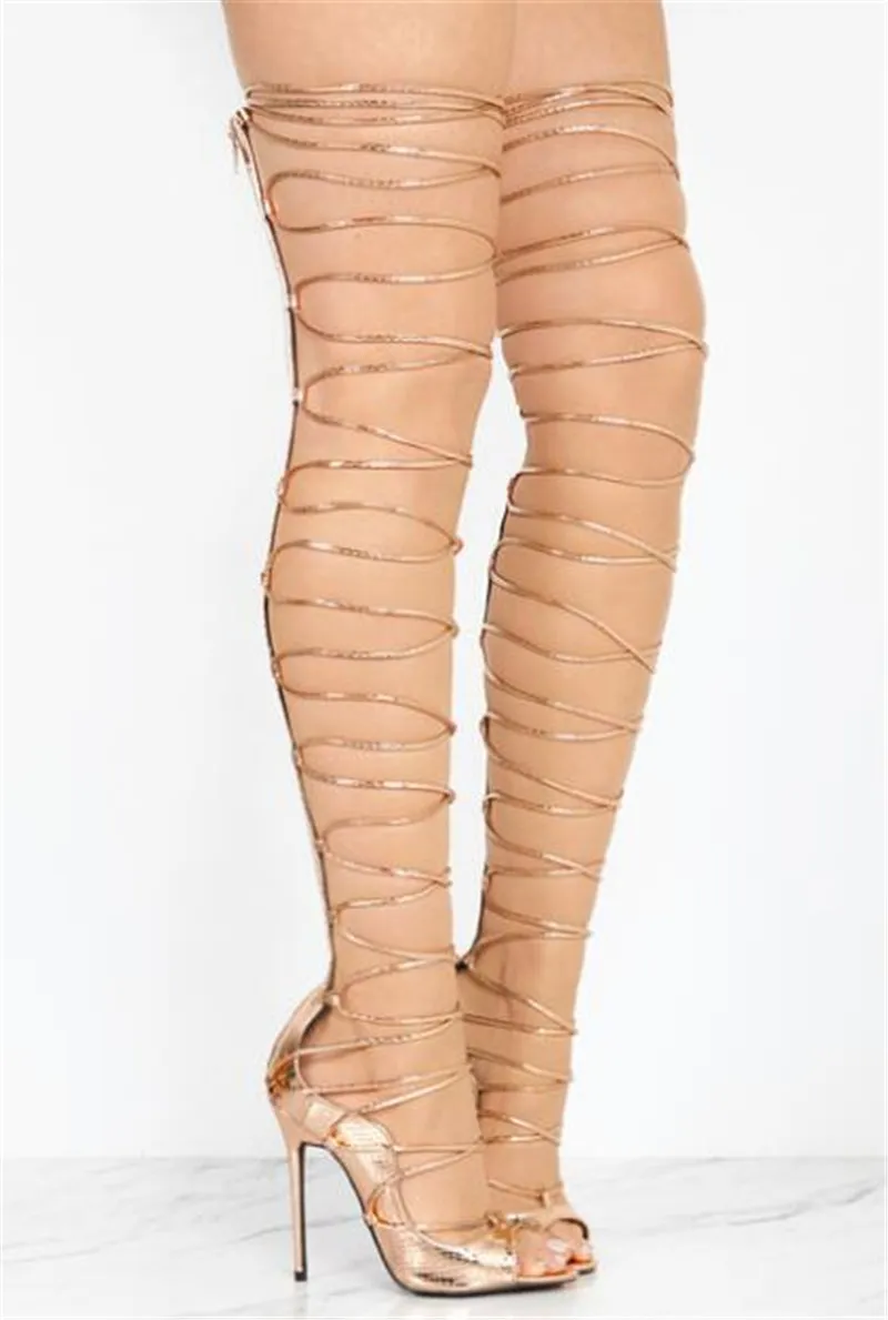 Luxurious Gold Leather Cross Over Knee High Gladiator Sandals