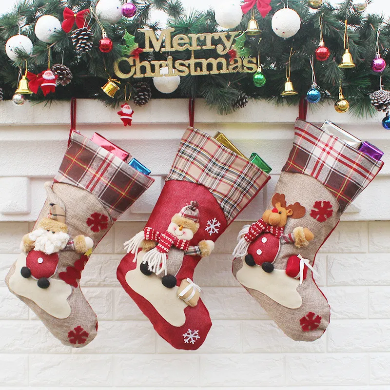 Grand bas de noël, décorations de noël, chaussettes de père noël, sac cadeau pour enfants, sac de bonbons de noël, fournitures d'ornements d'arbre de noël